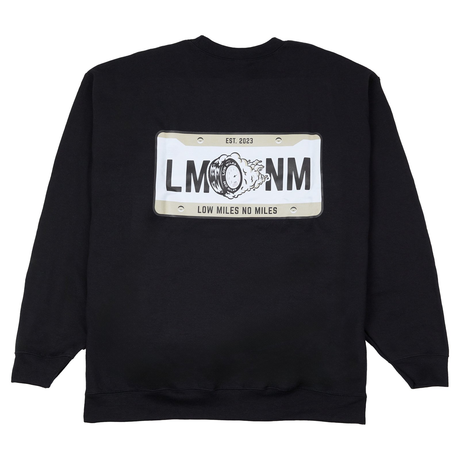 Front Tire Burnout Corner Chest License Plate on Back Crewneck